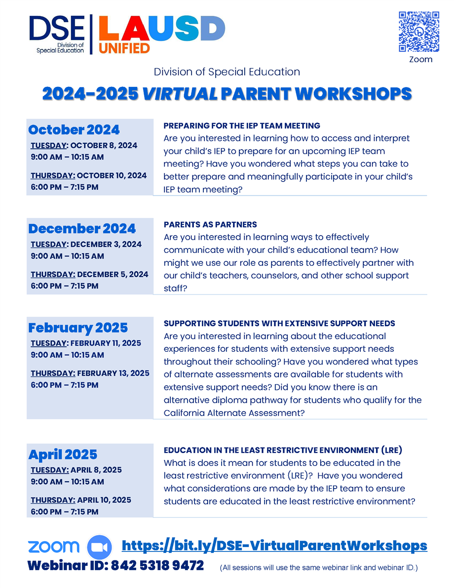 2024/2025 Virtual Parent Workshops Catalog